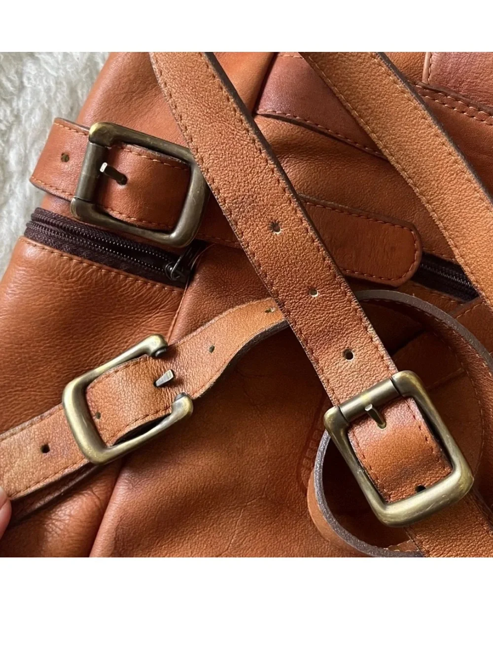 Cognac Brown Leather Backpack with Flap front & drawstring top